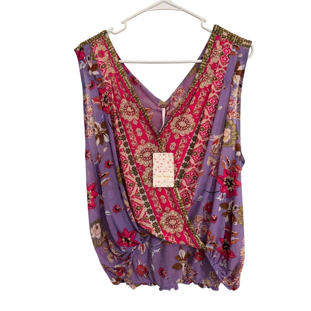 Free People Cobalt Combat MEDIUMTank Top Mesh Floral Surplice Bodice Boho Hippie - Picture 5 of 7